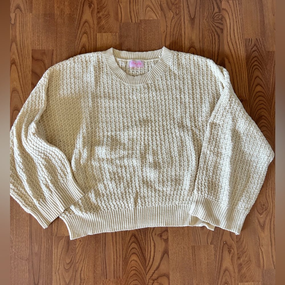 Pink Lily Cream Crew Neck Sweater with Chunky Knit